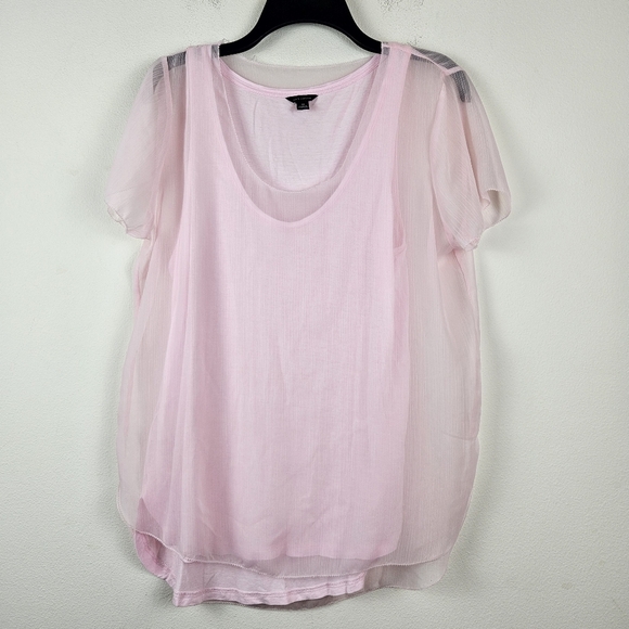 Ann Taylor Sheer Overlay Baby Pink Top Blouse Size Medium - Picture 1 of 6
